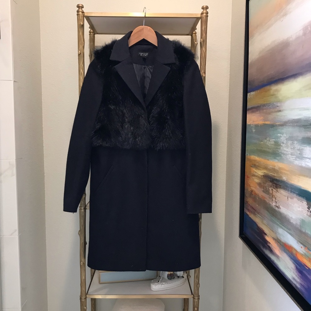 Topshop Navy Coat Jacket Pea Coat w Fur